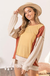 BiBi Waffle-Knit Exposed Seam Color Block Uneven Hem Top | Tops Daverri Fashions