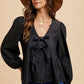 Annie Wear Black Tie Front Peplum Long Sleeve Denim Top - DAVERRI FASHIONS