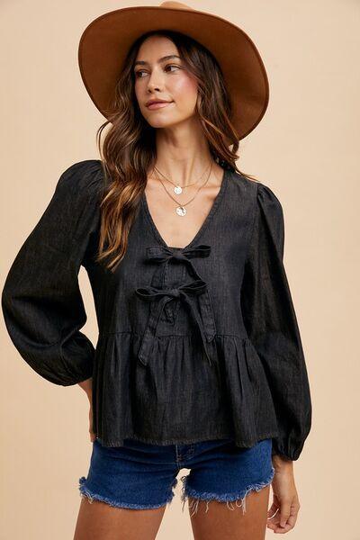 Annie Wear Black Tie Front Peplum Long Sleeve Denim Top - DAVERRI FASHIONS