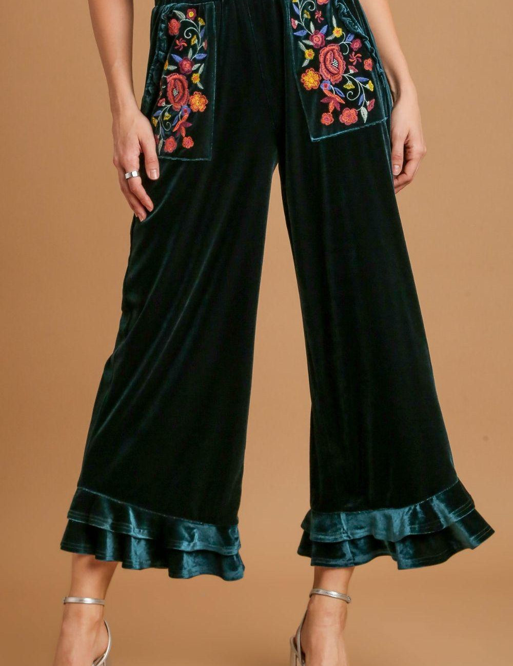 Black Forest 1XL Umgee Full Size Wide Fit Ruffle Velvet Pants with Embroidered Pockets | Pants Daverri Fashions