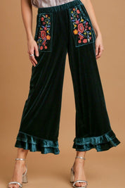 Black Forest 1XL Umgee Full Size Wide Fit Ruffle Velvet Pants with Embroidered Pockets | Pants Daverri Fashions