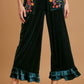 Umgee Full Size Wide Fit Ruffle Velvet Pants with Embroidered Pockets Black Forest 1XL Pants