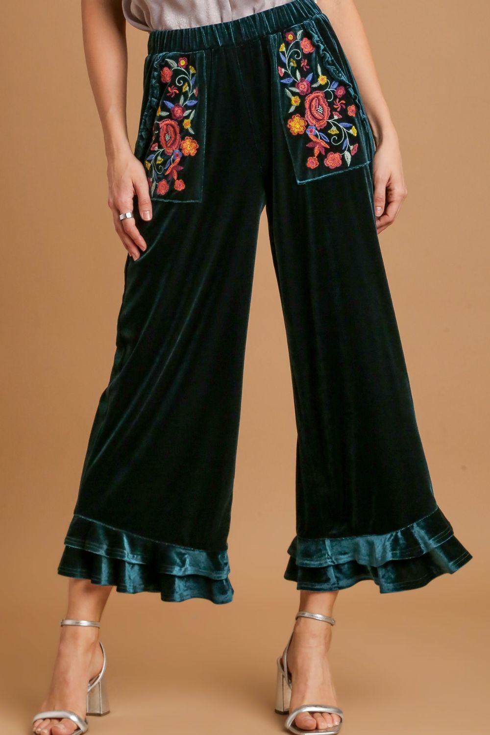 Umgee Full Size Wide Fit Ruffle Velvet Pants with Embroidered Pockets Black Forest 1XL Pants