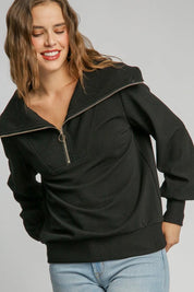 Umgee Full Size Ribbed Knit Half Zipper Sweatshirt Plus Size | Daverri Fashions