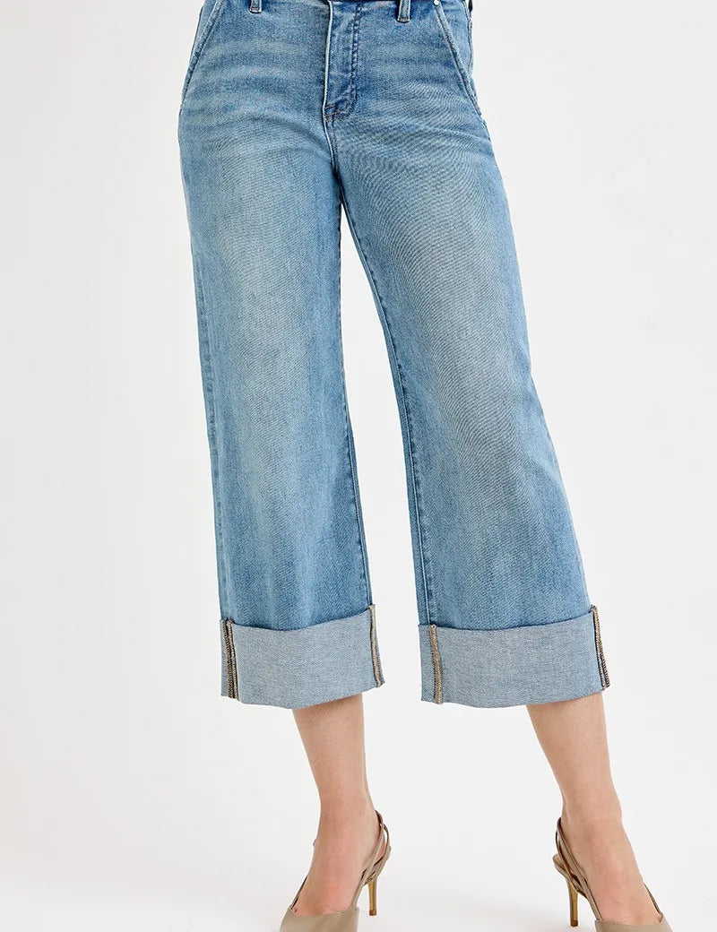 MEDIUM RISEN Full Size Tummy Control High Rise Ankle Wide Cuffed Jeans | Jeans Daverri Fashions