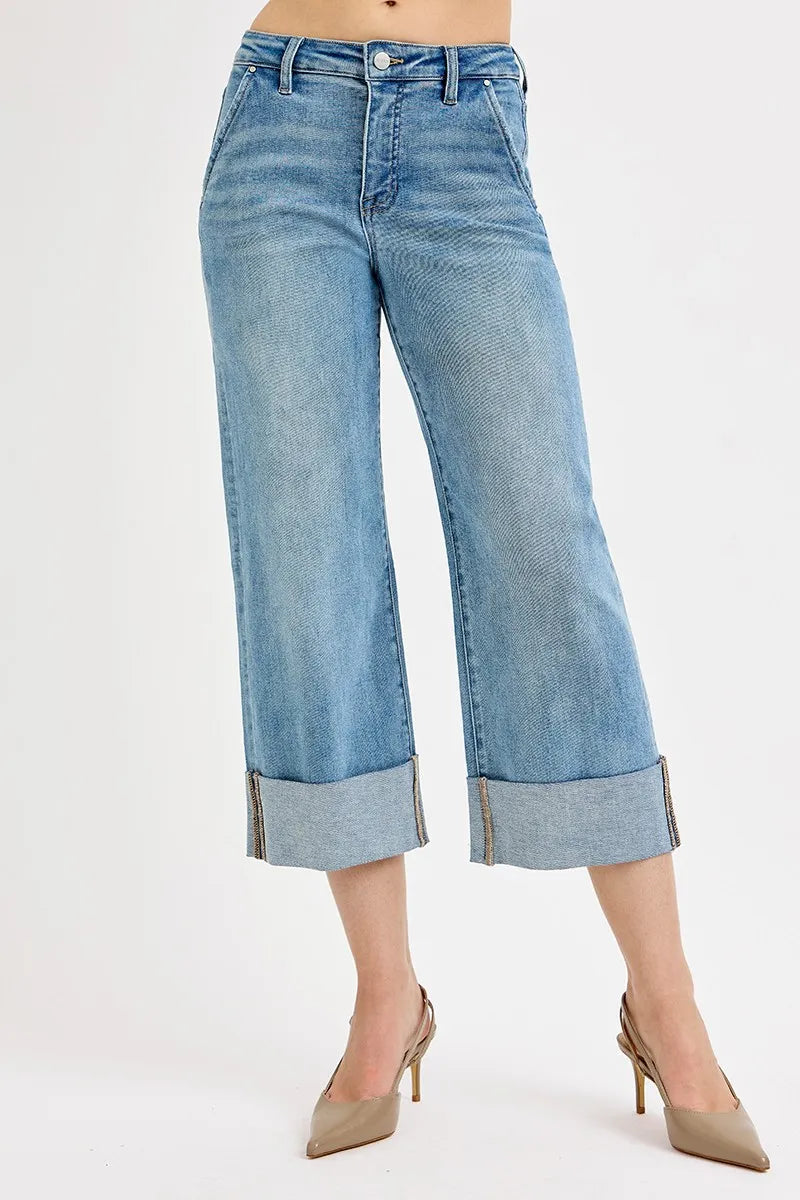 RISEN Full Size Tummy Control High Rise Ankle Wide Cuffed Jeans MEDIUM Jeans