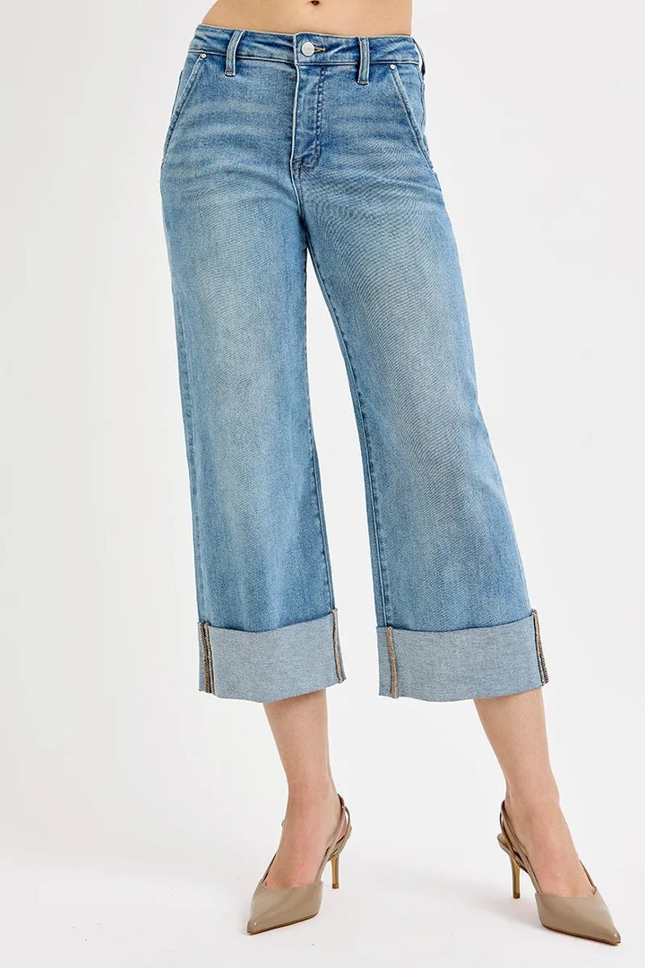 RISEN Full Size Tummy Control High Rise Ankle Wide Cuffed Jeans MEDIUM Jeans