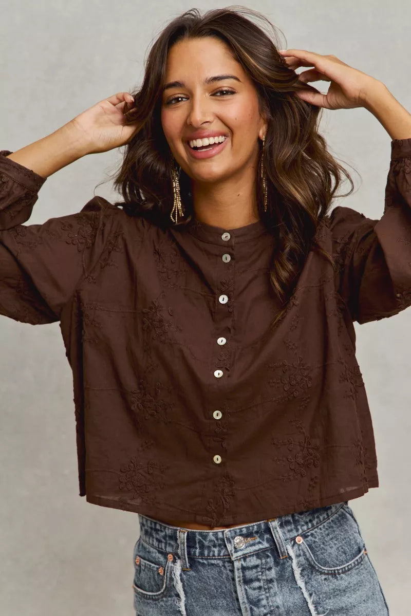 Brown SO ME 3D floral embroidered button-down cropped blouse