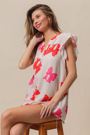 BiBi Bow Printed Woven Ruffled Sleeves V Neck Top | Tops Daverri Fashions