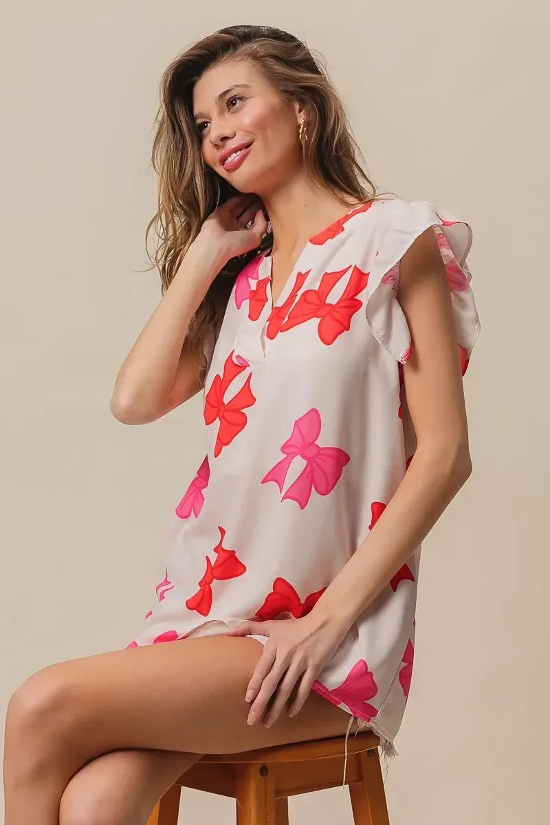 BiBi Bow Printed Woven Ruffled Sleeves V Neck Top - DAVERRI FASHIONS
