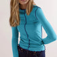 Daverri Contrast Trim Mock Neck teal long-sleeve T-shirt