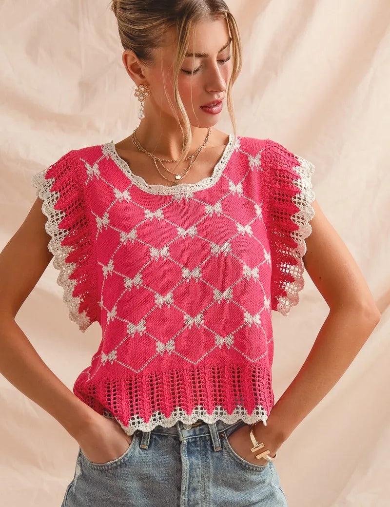 FUCHSIA IVORY SO ME Bow Ribbon Pattern Sweater Top with Back Key Hole | Sweaters Daverri Fashions