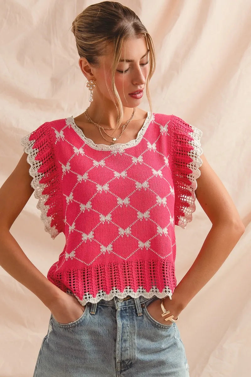 SO ME Bow Ribbon Pattern Sweater Top with Back Key Hole FUCHSIA IVORY
