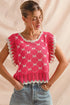 SO ME Bow Ribbon Pattern Sweater Top with Back Key Hole FUCHSIA IVORY