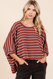 Mittoshop Texture Striped Print Round Neck Dolman Sleeve Top Rust Tops