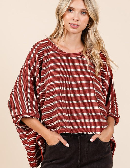 Mittoshop Texture Striped Print Round Neck Dolman Sleeve Top Rust Tops