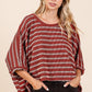 Mittoshop Texture Striped Print Round Neck Dolman Sleeve Top Rust Tops