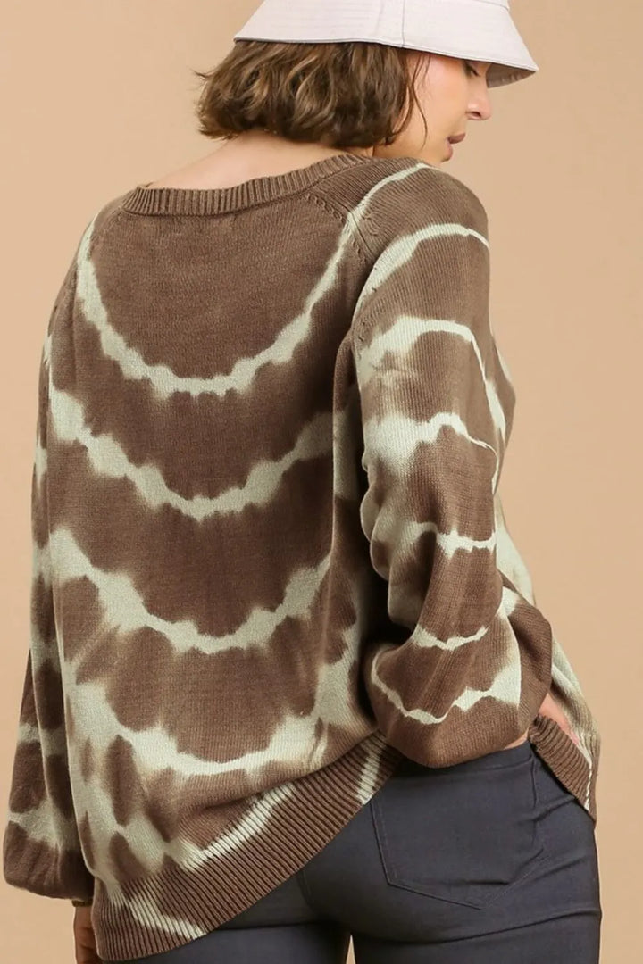 Umgee Full Size Ribbed Hem Tie Dye Round Neck Sweater Plus Size | Daverri Fashions