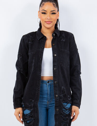 American Bazi Distressed Button Up Long Sleeve Denim Jacket Black