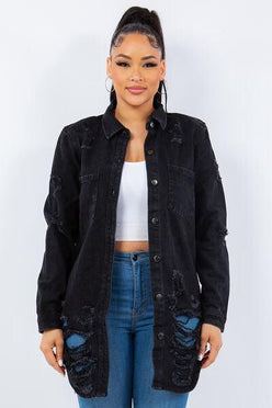 American Bazi Distressed Button Up Long Sleeve Denim Jacket - DAVERRI FASHIONS