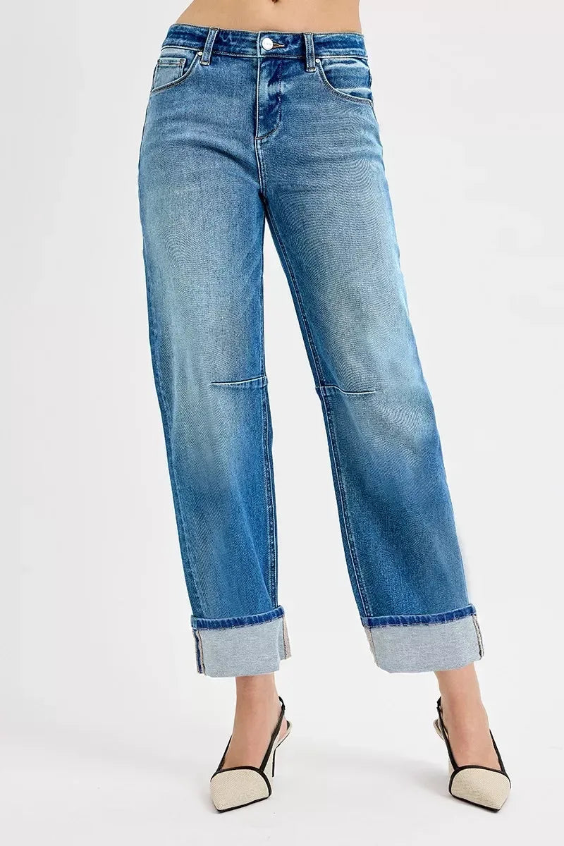RISEN Slouchy Crop Barrel Cuffed Jeans - DAVERRI FASHIONS