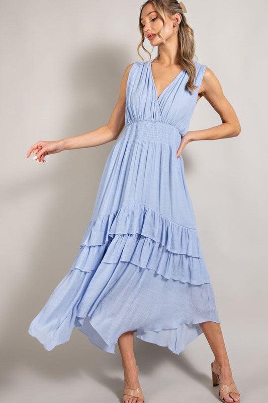 V-Neck Ruffle Maxi Dress CHAMBRAY L Maxi Dresses