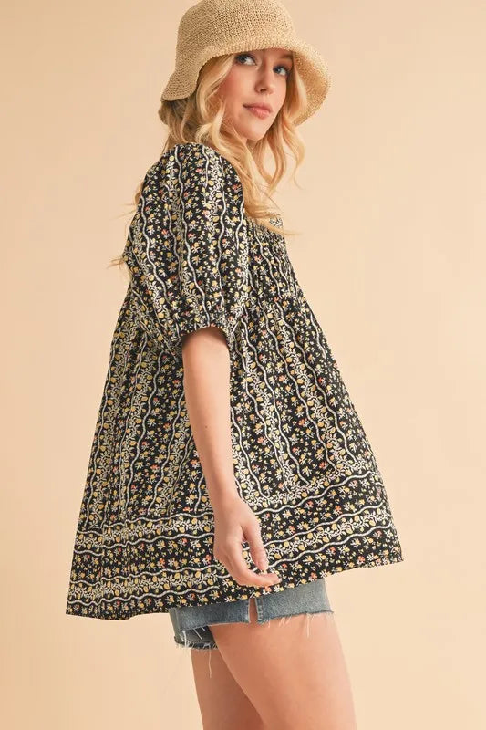 Aemi+Co Floral Short Sleeve Babydoll Top