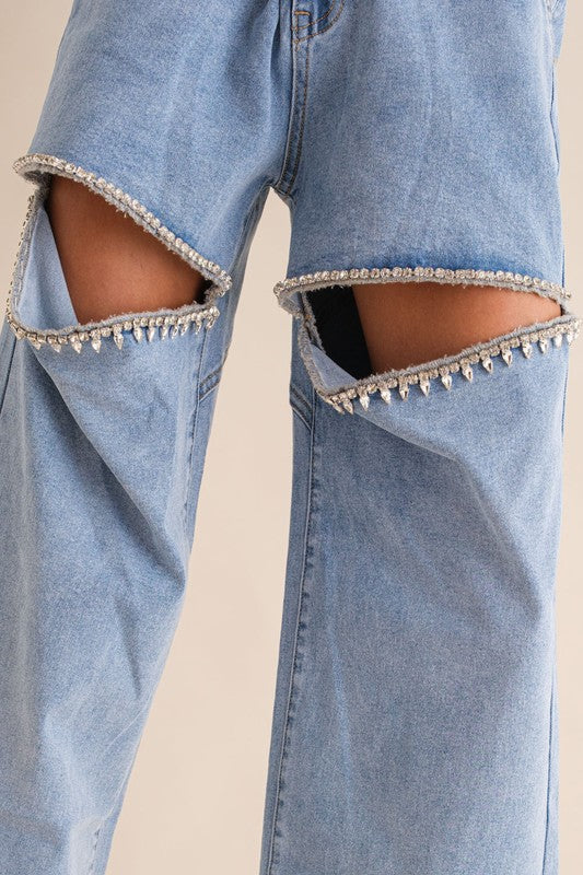 Washed Denim Cut Front Rhinestone Jeans