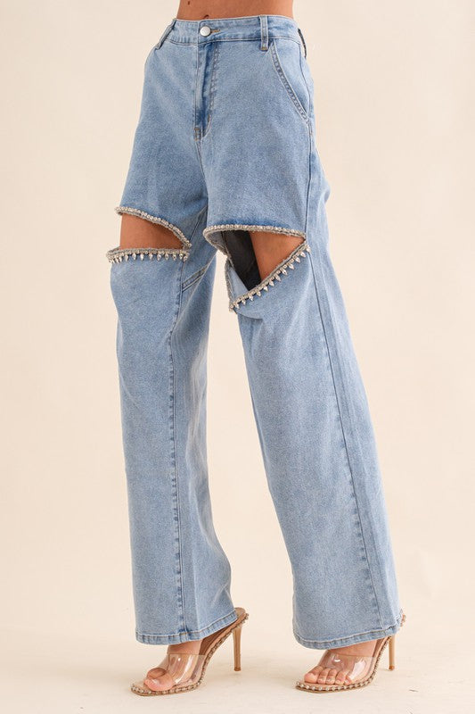 Washed Denim Cut Front Rhinestone Jeans LIGHT WASH L