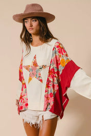 BiBi floral kimono sweatshirt with star print and red accents