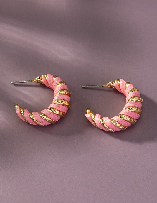 Leather cord wrapped texture hoop earrings Pink one size Earrings