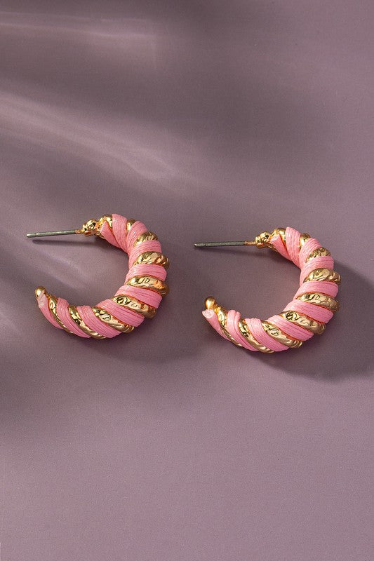 Leather cord wrapped texture hoop earrings Pink one size Earrings