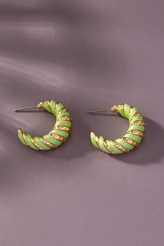 Leather cord wrapped texture hoop earrings sage one size Earrings