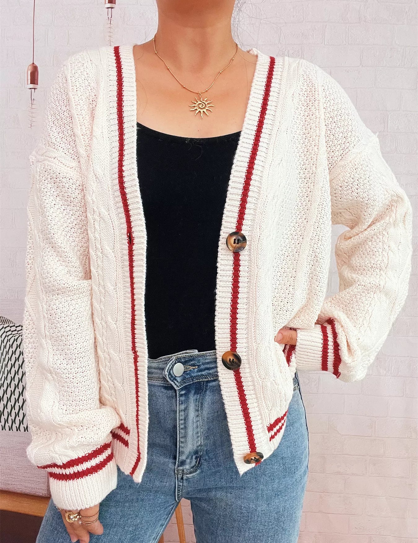 Star Pattern Button-Up Cardigan with Contrast Trim | Cardigans Daverri Fashions