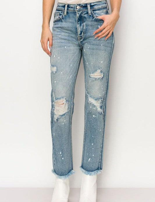 HIGH RISE DISTRESSED STRAIGHT WITH FRAY HEM JEANS As shown