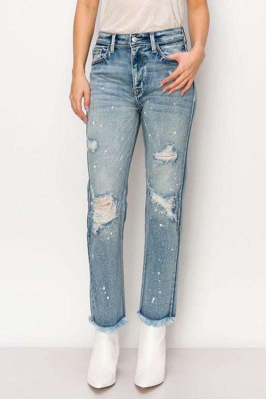 HIGH RISE DISTRESSED STRAIGHT WITH FRAY HEM JEANS As shown