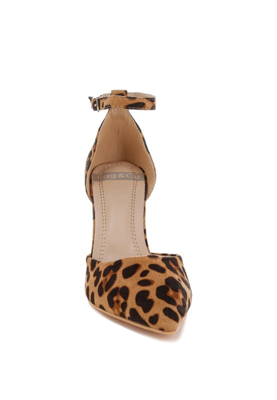 Leopard-print suede ankle-strap pump with pointed toe and medium heel