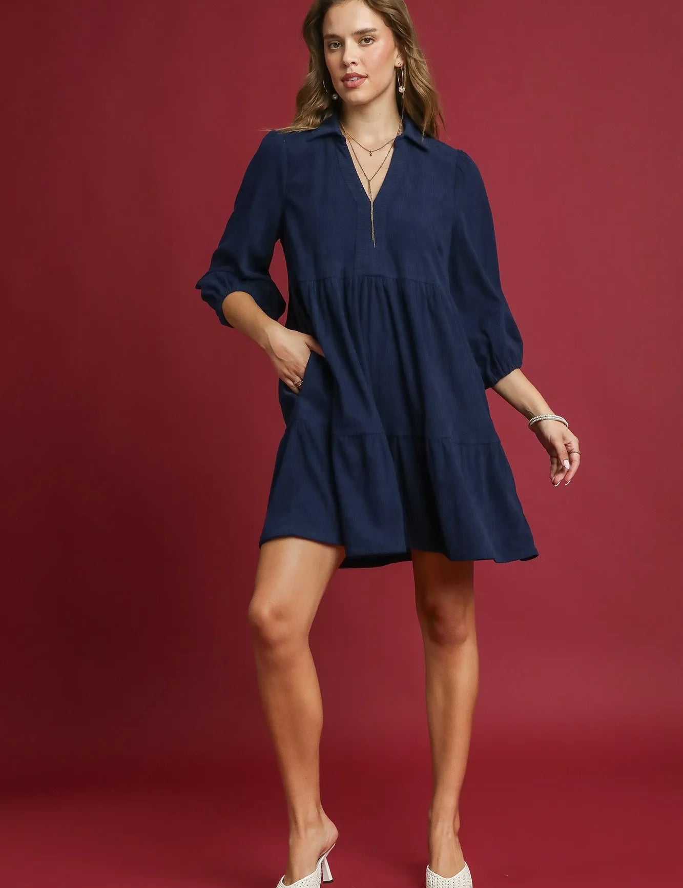 Umgee Tiered Corduroy Mini Dress with Balloon Sleeves | Mini Dresses Daverri Fashions