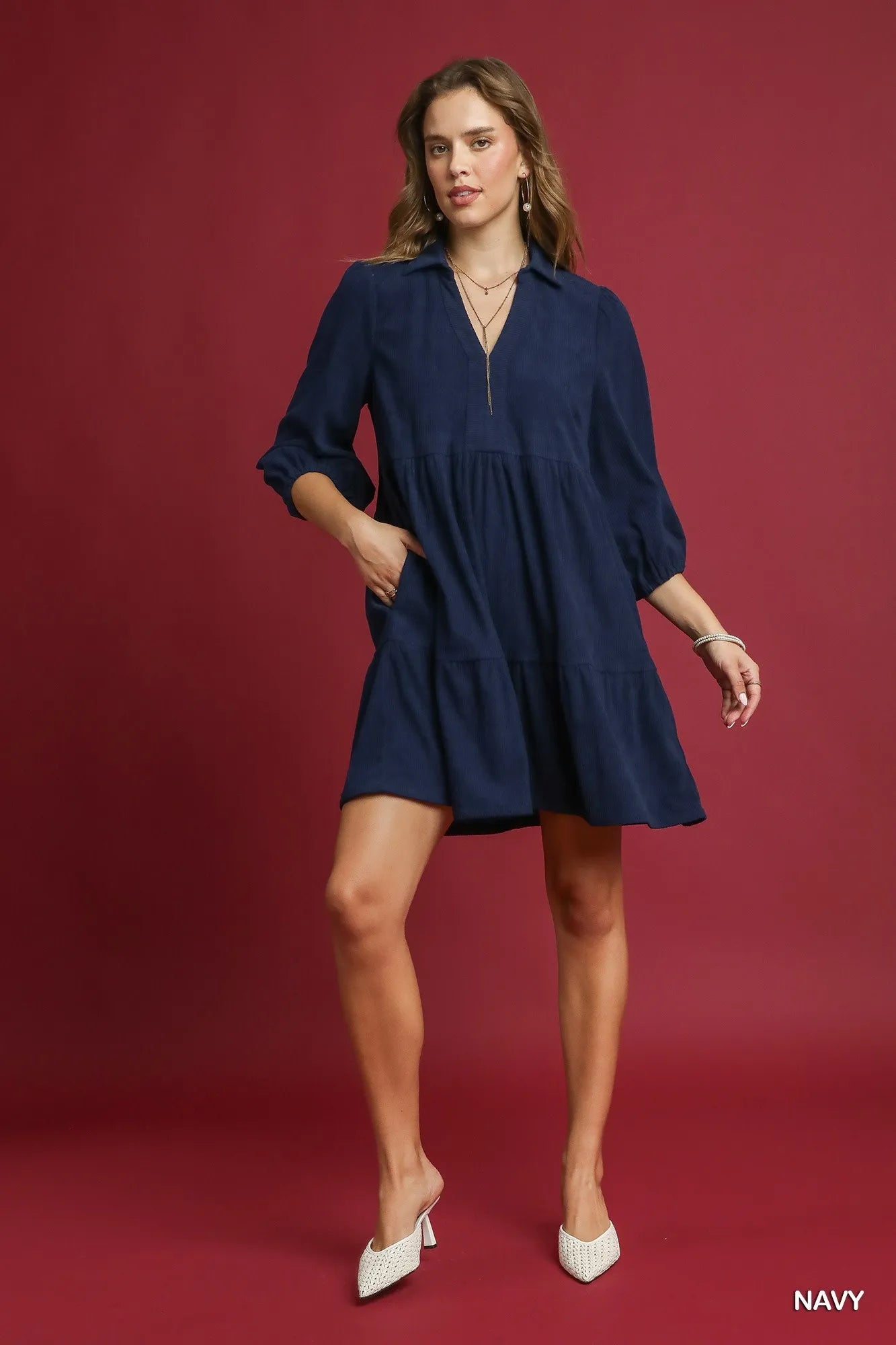 Umgee Tiered Corduroy Mini Dress with Balloon Sleeves Mini Dresses