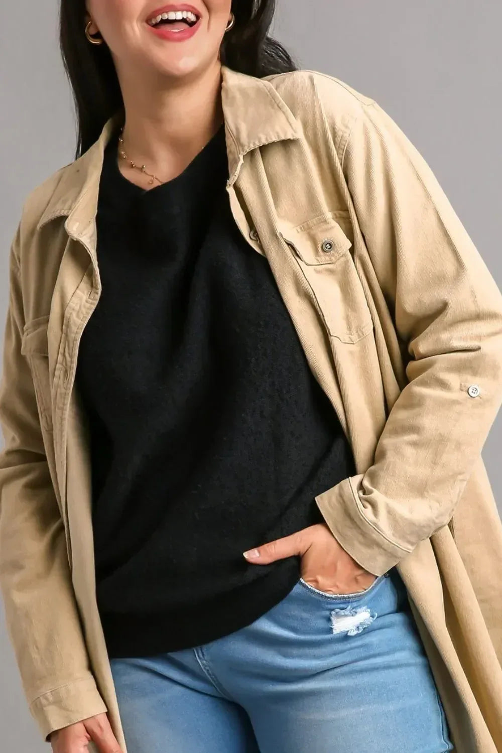 Umgee Full Size Round Neck Long Sleeve Sweater Plus Size - DAVERRI FASHIONS