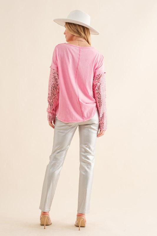 Star Printed Shoulder Sequin Sleeve Top Shirts & Tops