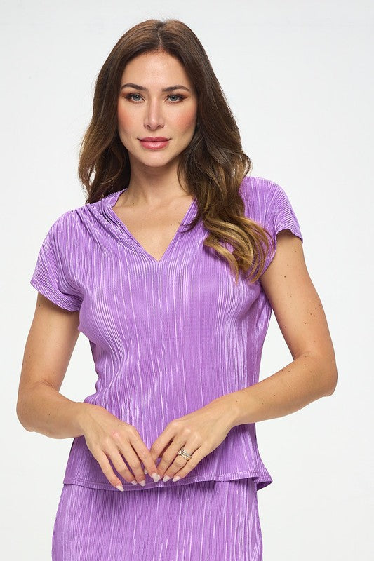 Made in USA Vibrant Plisse V neck Flowy Top Purple Tops