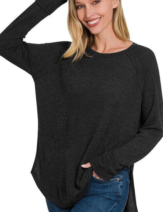 Zenana Waffle Knit Long Sleeve Top BLACK Shirts & Tops