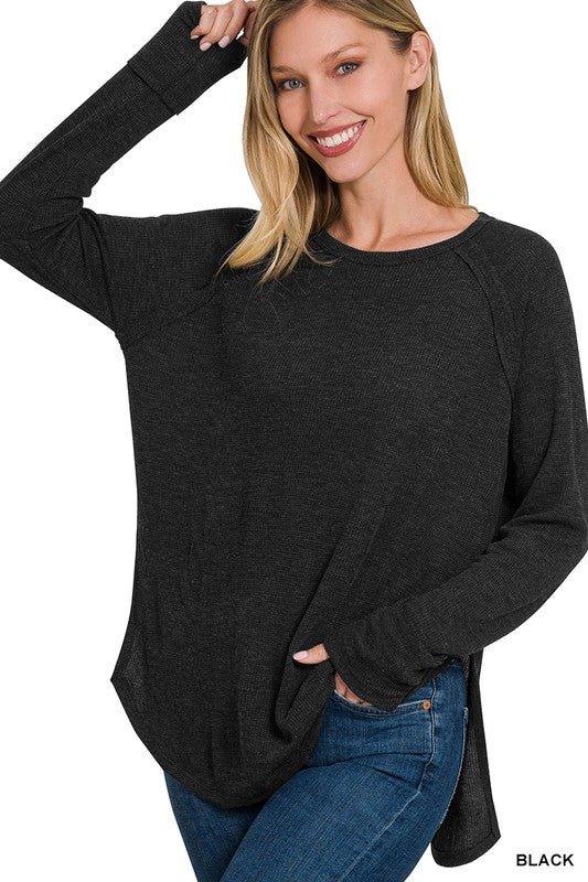 Zenana Waffle Knit Long Sleeve Top BLACK Tops