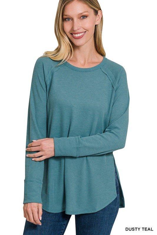 Zenana Waffle Knit Long Sleeve Top DUSTY TEAL S Shirts & Tops