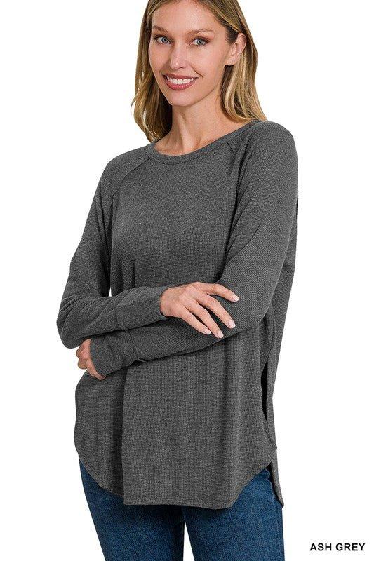 Zenana Waffle Knit Long Sleeve Top ASH GREY L Shirts & Tops