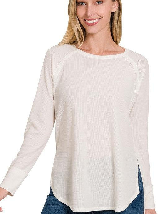 Zenana Waffle Knit Long Sleeve Top IVORY S Shirts & Tops