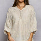 Soft off-white semi-sheer POL Floral Embroidered Top with lace trim cuffs