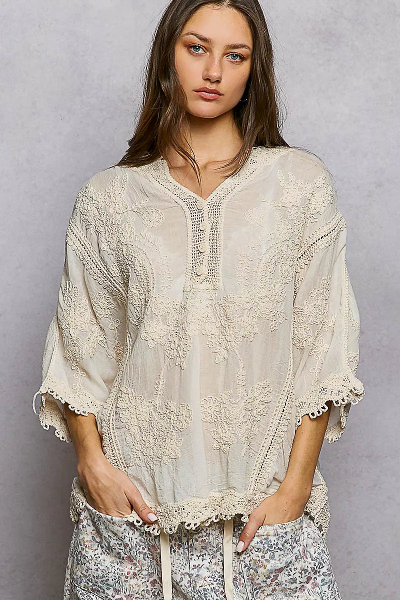 Soft off-white semi-sheer POL Floral Embroidered Top with lace trim cuffs