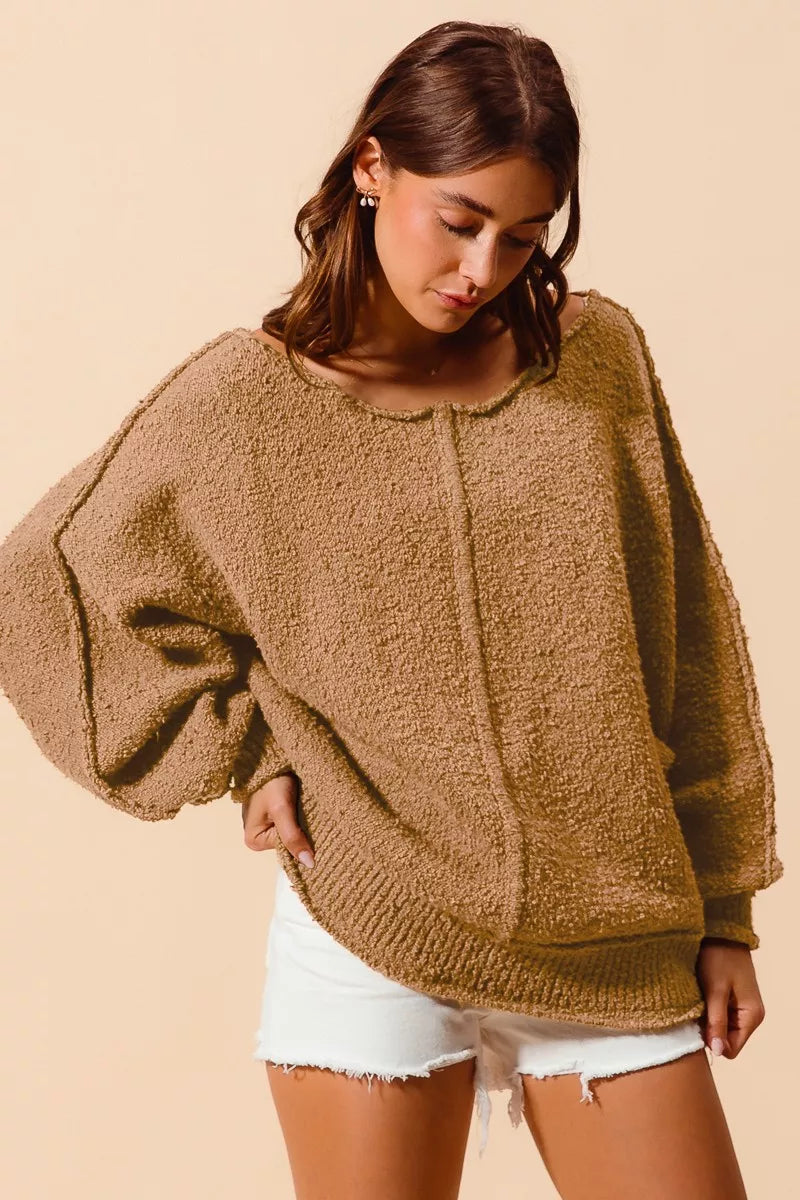 SO ME Loose Fit Exposed Seam Slouchy Boucle Sweater Taupe | Sweaters Daverri Fashions
